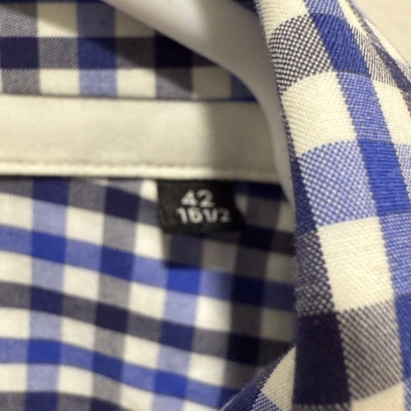 Boss Hugo Mens Shirt 42 16.5 Button Down Regular Fit White Blue Checkered Plaid - Picture 3 of 7